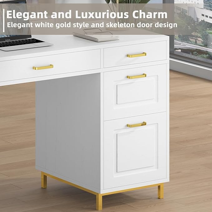 White and Gold Desk with 2 File Drawers, 57 Inch Office Computer Desk with 7 Drawers, White Desk with Storage, Wooden Executive Desk for Office, Workspace for Work Study Writing