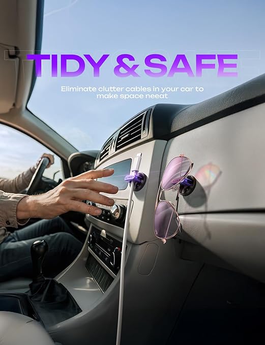 10-Pack Magnetic Cable Clips [1S Snap-On] Cord Holder, LISEN Office Desk Organizers and Accessories with 5 Extra Strong Adhesive Pads, Wire Organizer for Nightstand, Home, Wall, Car, Desktop, Purple