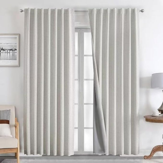 Joydeco Natural Linen Curtains 84 inch Length 2 Panels Set Burg 100% Blackout Patio Door Curtain Room Darkening Sliding Door Curtains Thermal Insulated Back tab Rod Pocket(105x84 inch, White)