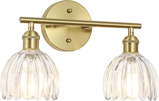 Vintage Bathroom Light Fixtures,2-Light Hardwired Vanity Lights Over Mirror,Gold Wall Sconces with Clear Tulip Glass Shade for Bathroom Living Room,E26 Socket(Bulbs Not Included)
