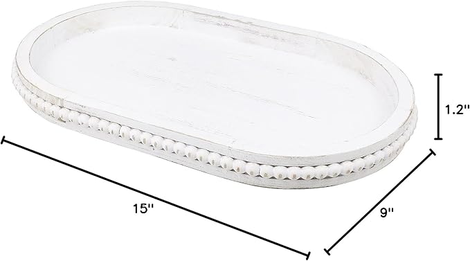 Oval Wood Serving Tray with Wooden Beads, Outdoor Farmhouse Decorative Tray for Ottoman, Coffee Table, Kitchen Counter Organizer, Home Decor(Whitewashed)