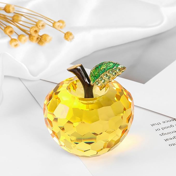 Crystal Apple Figurine Paperweight, Handmade Statue Ornament Home Decoration, Collectible Crystal Crafts, Come with Gift Box, Great Gift for Birthday Holidays Christmas (Yellow-60mm)