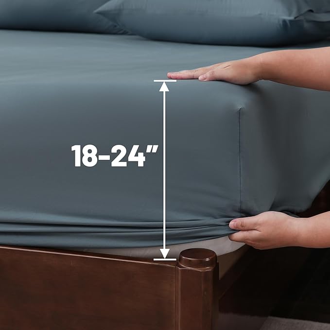 Extra Deep Pocket King Sheets 18-24 Inch 100% Egyptian Cotton 1000 Thread Count Sateen Weave Soft Breathable 4 Pieces（King，Lake Blue）