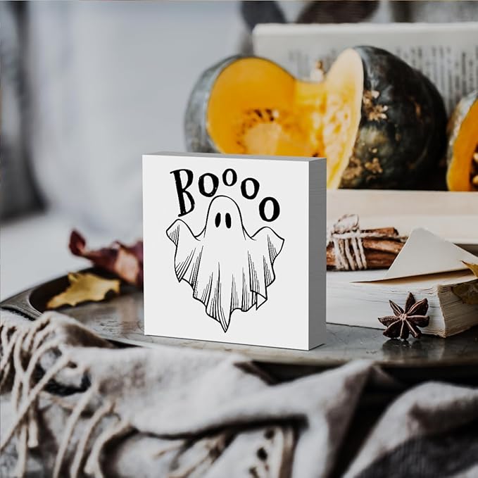 HTBIG Funny Halloween Decor Rustic Ghost Boo Spooky Vibes Farmhouse Wood Sign Decor for Home Rustic Wooden Shelf Season House Room Indoor Desktop 5 x 5 Inch