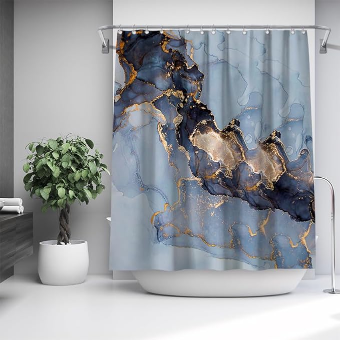 Domoku Marble Fabric Shower Curtain for Bathroom Decor, Modern, Luxury Standard,Waterproof, Washable,72 X 84, Blue,Sky Blue Gold