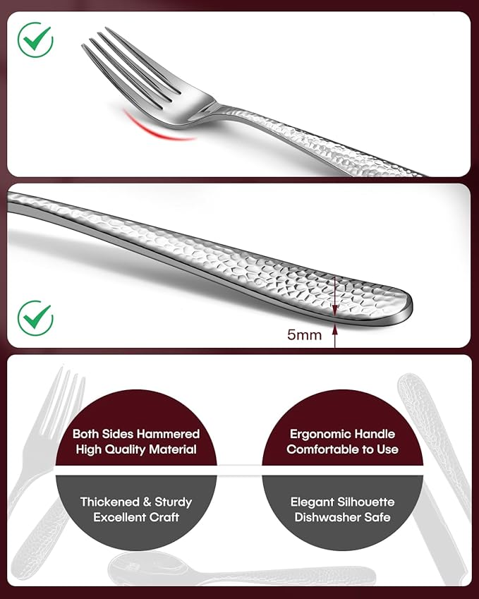 Hammered Silverware Set, EUIRIO 20-Piece Heavy Duty Cutlery Set for 4, Stainless Steel Flatware Set, Food-Grade Utensil Sets Includes Spoons Forks and Knives, Mirror Finish Dishwasher Safe