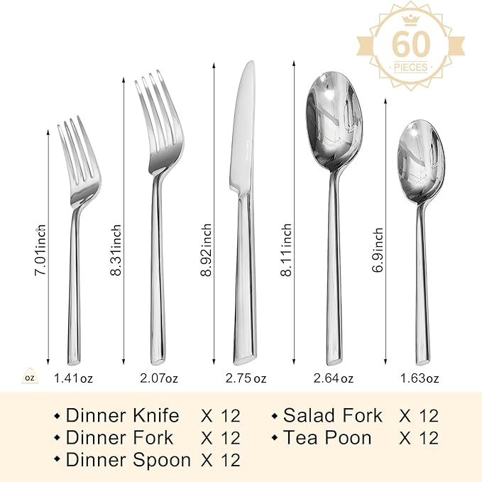 KINGSTONE Silverware Set, 60-Piece Forged Flatware Set Cutlery Set Premium Stainless Steel, Service for 12, for Kitchen, Home, Wedding, Party, Mirror Polished and Dishwasher Safe