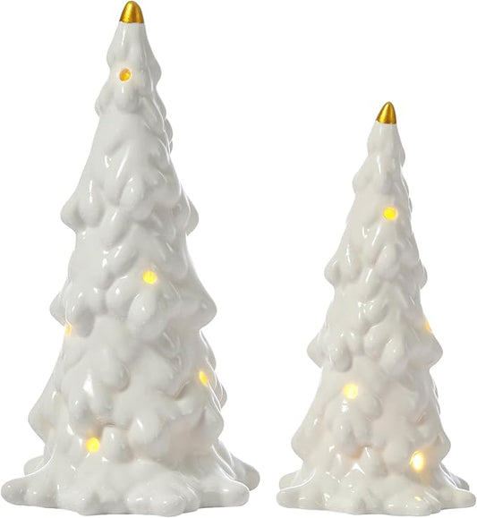 DN DECONATION Ceramic Christmas Tree with Lights, Tabletop Tree Decor for Home, Battery-Operated White Xmas Tree Snow-Covered Set of 2 for Christmas Mantel Table Centerpiece Decorations