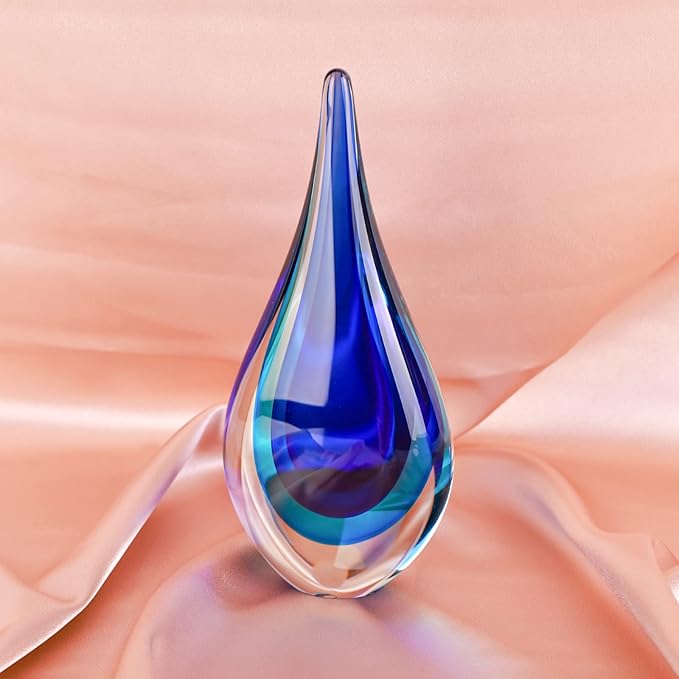 9" Tall Sculpture Hand Blown Glass Decor, Paperweight for Office Desk, Modern Glass Art Figurines Mediterranean Beach House Decor, Living Room Coffee Shelves Table Top Decoration (Blue)