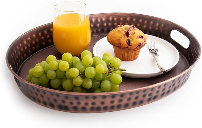 Monarch Abode Hand Hammered Metal Serving Tray with Handles, 17-Inch Antique Copper Finish– Oval Serving Platter, Large Serving Tray for Party, Fruit Platter, Dessert Trays, Serving Dishes