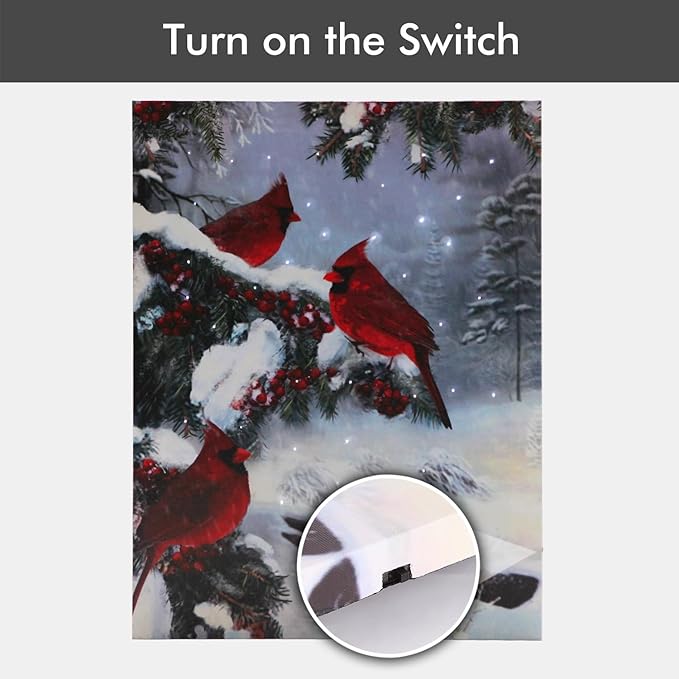 NIKKY HOME 12" x 16" LED Lighted Canvas Wall Art Prints Light Up Cardinal and Berries Artwork Winter Scene Picture for Holiday Decor