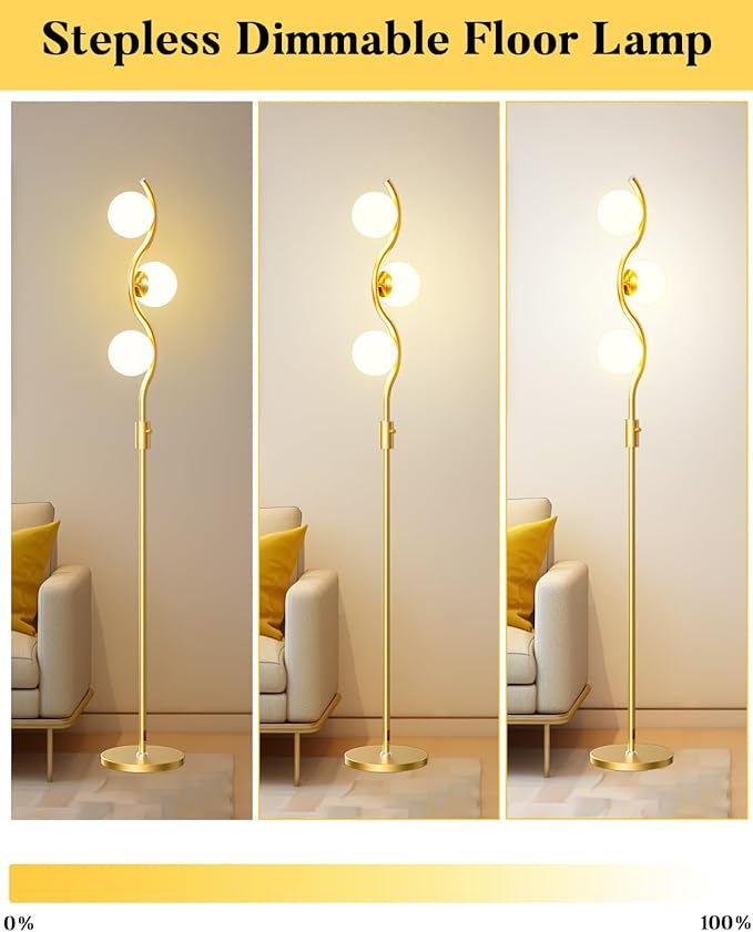 60IN Dimmable Gold Globe Floor Lamp, Modern Standing Lamps with 3 Soft Warm White 3000K Bulbs, Mid Century Floor Lamp for Living Room Bedroom Home Decor