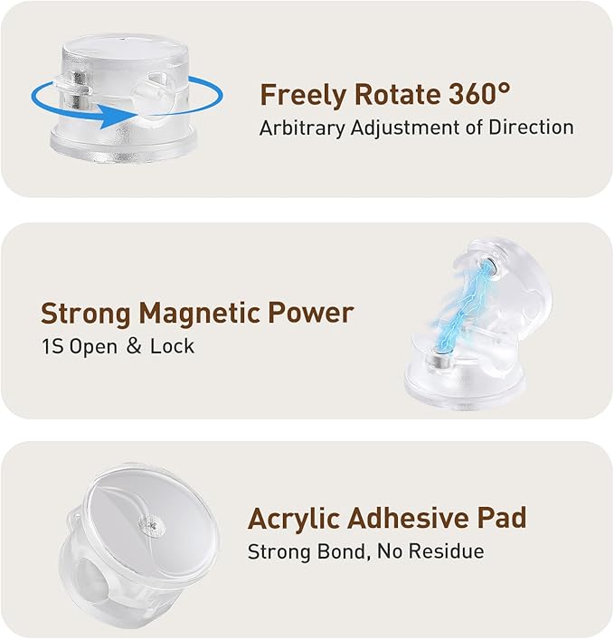 AGPTEK 8 Pack Magnetic Cable Clips, Upgraded 360° Rotatable Cord Holder Clips for Nightstand, Desk Cord Organizer Adhesive Wire Management Home Office Phone Charging Cords USB Cable Keeper (Clear)