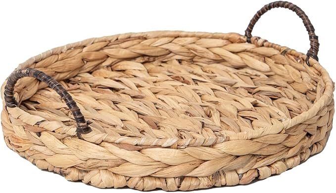 Water Hyacinth Round Tray Natural Coffee Table Tray with Handles Ottoman Table Trays for Coffee, Breakfast and Dinner, 11.8-inch,Decoratve Serving Trays.