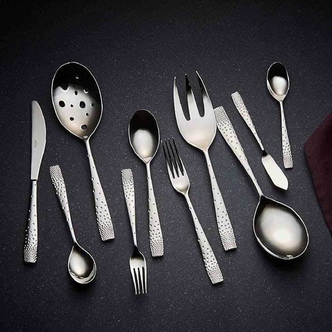 nambe Dazzle 45-Piece Flatware Set Service for 8 Plus Butter Knife, Sugar Spoon and 3 Piece Hostess Set, 18/10 Mirror Stainless Steel Silverware Cutlery Set, Dishwasher Safe