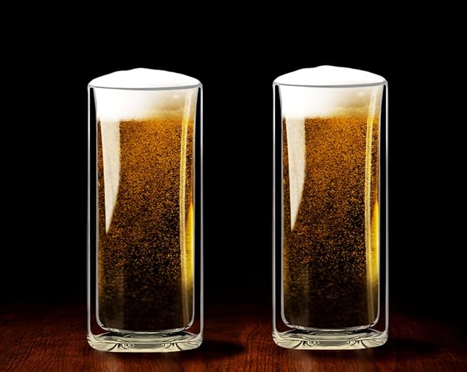 Sun's Tea Double Wall Insulated Glass Tumbler, 16oz (450ml) Highball Glass Cups for Beer, Lemonade, Iced Tea, Tropical Drink, Cocktail, Smoothie, Mojito and Mixed Drinks, Set of 2 - Collins Style