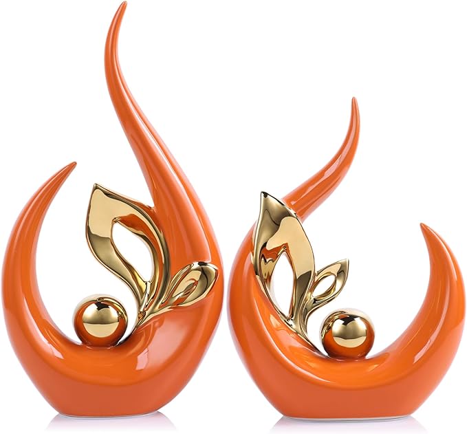 9.4" H Orange Gold Abstract Sculptures Home Decor, Ceramic Art Statue Cool Stuff to Put on Shelves&tv Stand Decor, Gold Accent Entertainment Center, for Fireplace Coffee Table Dining Table Decorate