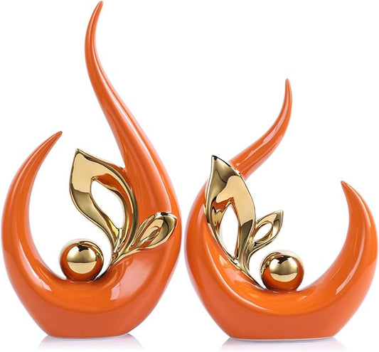 9.4" H Orange Gold Abstract Sculptures Home Decor, Ceramic Art Statue Cool Stuff to Put on Shelves&tv Stand Decor, Gold Accent Entertainment Center, for Fireplace Coffee Table Dining Table Decorate