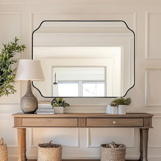 Black Scalloped Bathroom Mirrors for Wall, 30"x40" Unique Rounded Notched Corner Rectangle Mirrors for Bathroom in 1'' Metall Frame Wall Mounted Vertically/Horizontally for Home Decor