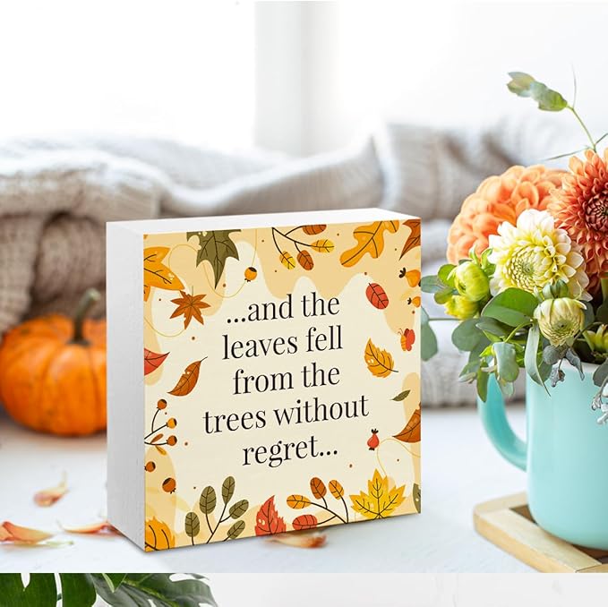 5 x 5 Inch Fall Decor, Wooden Sign, Autumn Home Office Desk Table Cubicle Shelf Decor