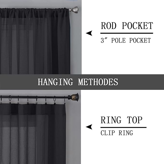 Tollpiz Sheer Tier Curtain Linen Textured Half Kitchen Curtains Sheer Light Filtering Rod Pocket Voile Small Curtains for Bathroom, 25 x 36 inches Long, Black, Set of 2 Panels