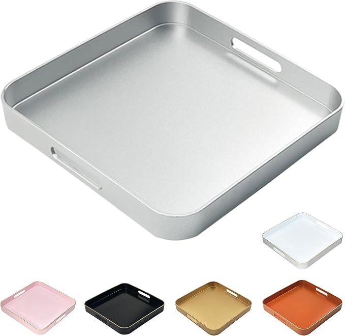 Serving Tray with Gold Trimming, Square Decorative Serving Trays with Handles, Coffee Table Tray Plastic Tray for Ottoman Living Room, Bathroom,Home Decor 13" L x 13" W x 1.57" H(Silver)