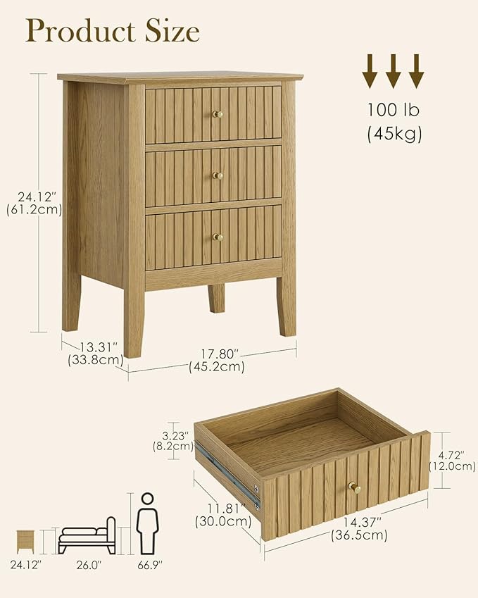 Fluted Nightstand, Farmhouse Night Stand with 3 Drawers, Mid Century Modern Side Accent Table,Bedside End Table for Bedroom, Living Room, Oak