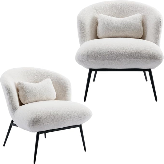 Modern Accent Chair Set of 2, Upholstered Sherpa Fabric Side Chair Guest Chair with Small Pillow Black Metal Legs, Comfy Lounge Chair for Living Room Bedroom, White