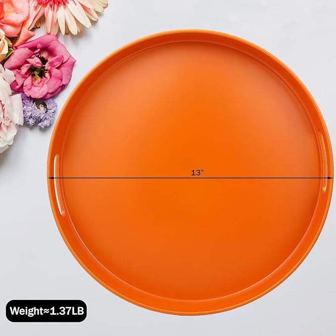 Round Orange Decorative Serving Tray with Handles, 13” Versatile Ottoman Tray for Coffee Table, Entertaining, Outdoor Patio, Living Room