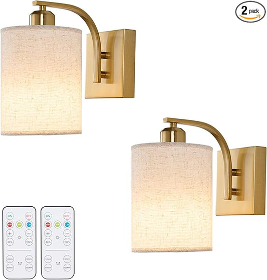Gold Rechargeable Battery Operated Wall Sconces Set of 2 with Remote, Wireless Dimmable Battery Powered LED Wall Lights, Cordless Wall Lighting Lamp Fixture for Bedroom Living Room