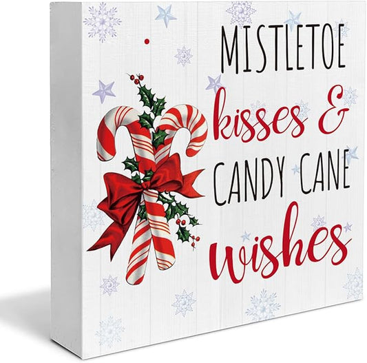 Rustic Christmas Decorations, Candy Cane Wooden Sign Home Decor, Mistletoe Wooden Block Sign, Christmas Decor for Table Shelf 5 x 5 Inch