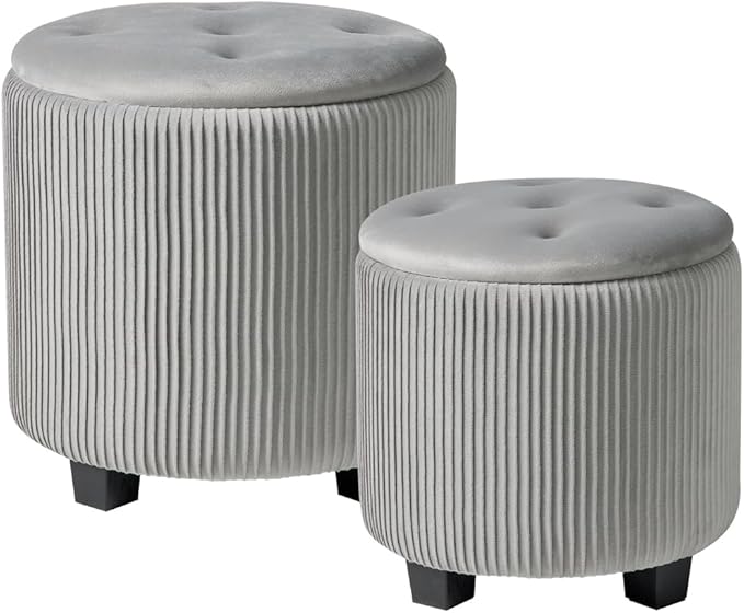 Big Round Ottoman with Storage Set of 2,Upholstered Velvet Vanity Stool for Makeup Multifunctional Foot Rest Coffee Table Padded Seat Tufted Ottomans for Living Room&Bedroom (Grey)