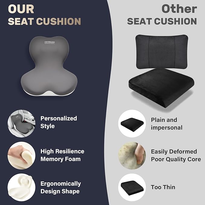 Coverado Car Seat Cushion and Lumbar Support Pillow One Piece, Memory Foam Ergonomic Back Support Driving Seat Cushion for Back Pain, Non-Slip Washable Cushion for Car, Driver, Office