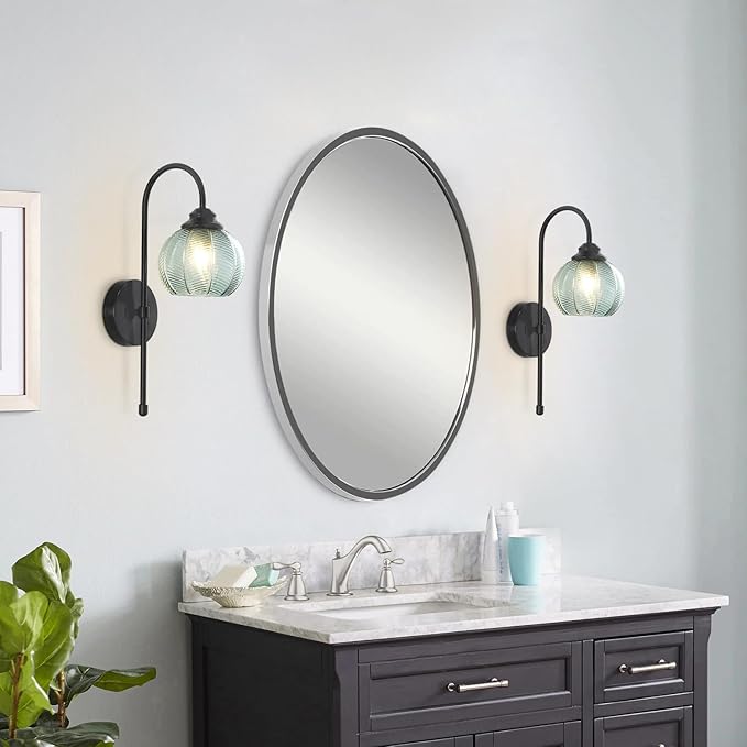 KCO Lighting Vintage Green Glass Wall Sconce Black Globe Sconce Mid Century Modern Long Wall Light Fixture for Living Room Bedroom Bathroom