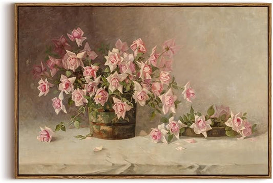 KISSFOX Vintage Floral Canvas Wall Art Framed Retro Pink Flower Botanical Painting Prints Farmhouse Rustic Still Life Roses Pictures Decor Gallery Office Living Room Bedroom Bathroom