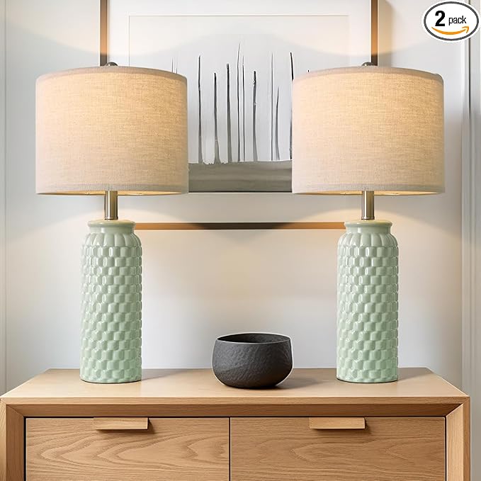 24" Modern Ceramic Green Bedside Lamp Set of 2 Table Lamp for Bedroom Decor Farmhouse Table Lamp for Living Room Office Dorm