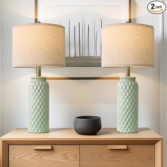 24" Modern Ceramic Green Bedside Lamp Set of 2 Table Lamp for Bedroom Decor Farmhouse Table Lamp for Living Room Office Dorm