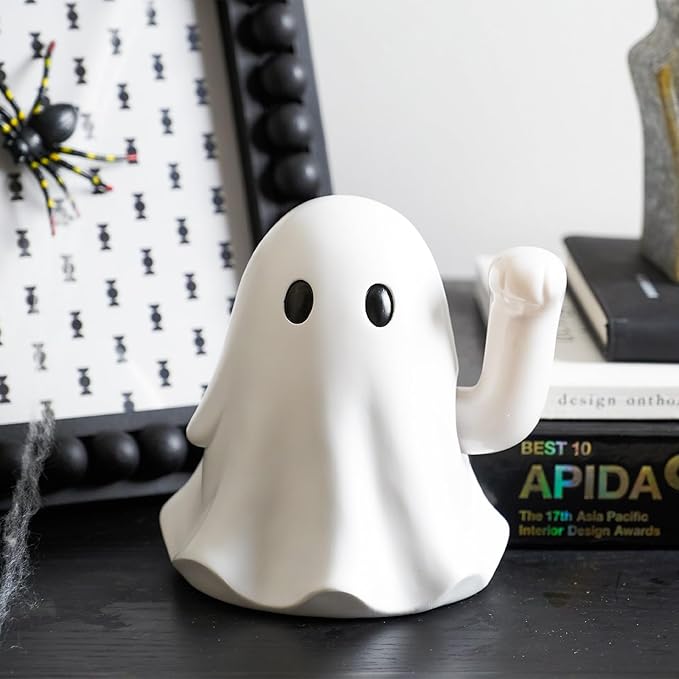 WDS WONDROUS Halloween Decor Ghost Figurine Decoration Waving Hand Lucky – Resin Funny Ghost Statue with Shaking Arm – Halloween Decor Indoor, Spooky Tabletop for Home Office Party Gifts