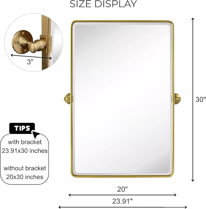 TEHOME 20x30'' Pivot Rectangle Bathroom Vanity Mirror Brushed Gold Rounded Corner Metal Framed Tilting Beveled Vanity Wall Mirrors