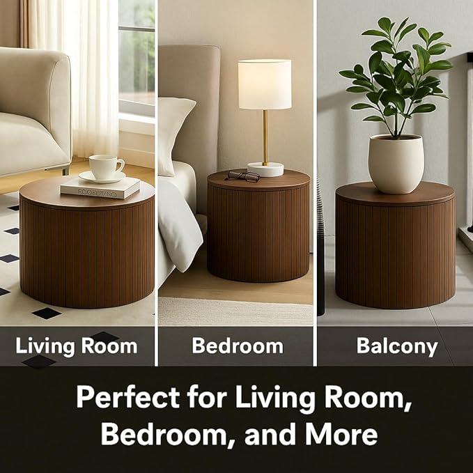 Round Storage Side Table Set of 2, Nesting Coffee Tables with Hidden Storage, Modern Wood Accent End Table for Living Room, Bedroom, Small Space, Minimalist Bedside Table, No Assembly(Walnut)