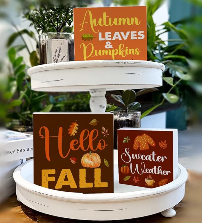 3 Pcs Hello Fall Wood Signs Decor Autumn Wood Block Signs Farmhouse Fall Pumpkins Leaves Pumpkin Please Wooden Box Signs Home Decorations for Kitchen Tiered Tray Desk Table Shelf