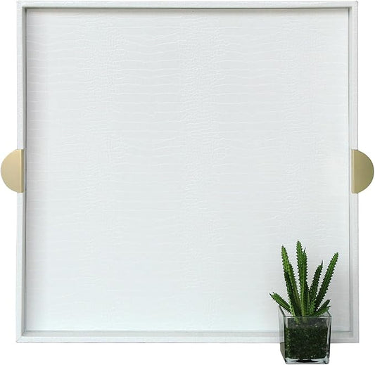 HofferRuffer Faux Leather Decorative Serving Tray, Elegant Coffee Table Ottoman Tray, Breakfast, Drinks, Liquor Serving Platter, White Croco Finish with Gold Hardware Handle (Square)