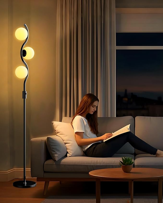 Lightdot 60IN 3-Globe Dimmable Black Floor Lamp Mid Century Standing Lamps with 3Pcs 3000K Warm White G9 Bulbs Stepless Brightness Adjustable Modern Tall Lamp Stable Base for Bedroom Office