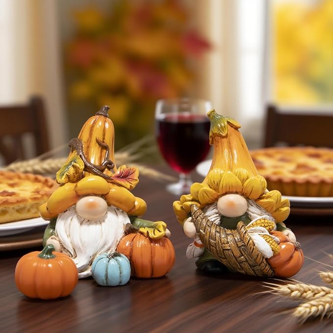 Hodao Fall Decorations for Home, 2 Pcs Thanksgiving Gnome Figurines Resin Autumn Pumpkin Gnomes Statues, Cute Fall Thanksgiving Decor for Home Table Shelf, Perfect Fall Gift for Family Friends