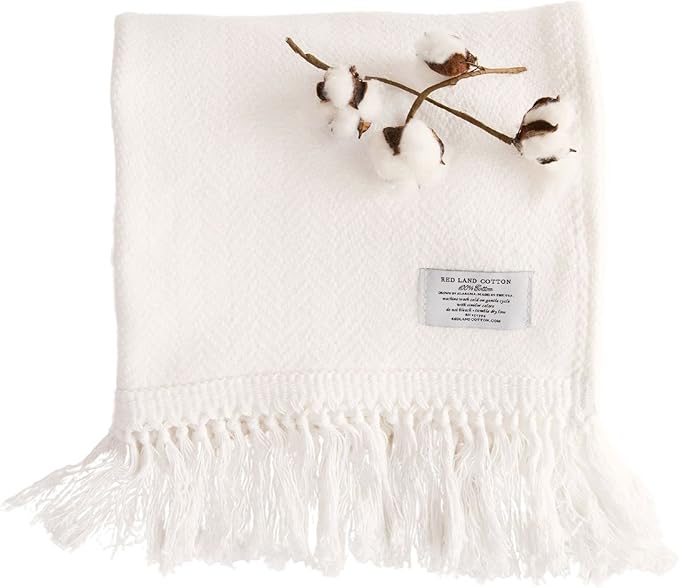 Red Land Cotton Natural 100% Cotton Breathable Basket Weave Throw Blanket - Made in USA, Lightweight, Machine Washable, All-American Comfort