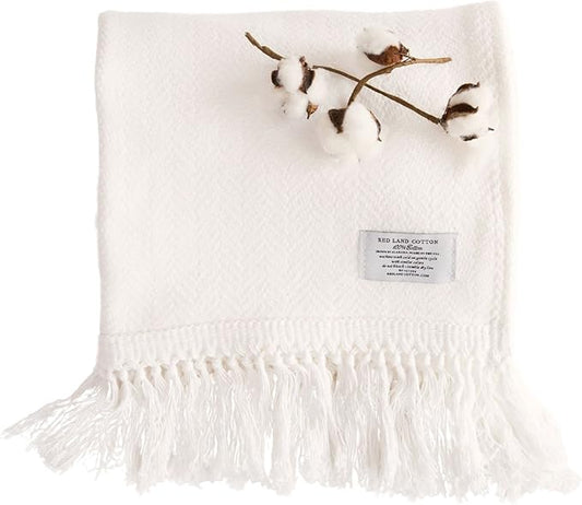 Red Land Cotton Natural 100% Cotton Breathable Basket Weave Throw Blanket - Made in USA, Lightweight, Machine Washable, All-American Comfort