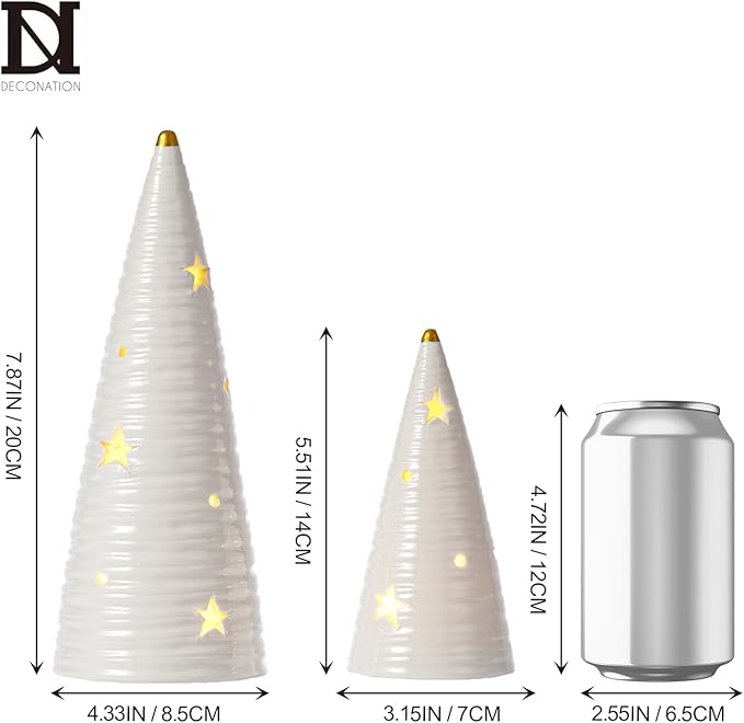DN DECONATION Ceramic Christmas Tree Decor with Lights, Battery-Operated Tabletop Xmas Trees, 2Pcs Prelit White Christmas Tree Figurines Decorations for Home, Mantel, Shelves