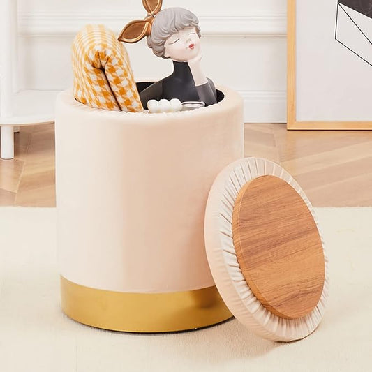 Mxfurhawa Velvet Storage Ottoman Multipurpose Footrest Stool with Metal Base Modern Round Vanity Stool Chair Ottoman Foot Stools Support 300 lbs Padded Seat for Living Room (Champagne)