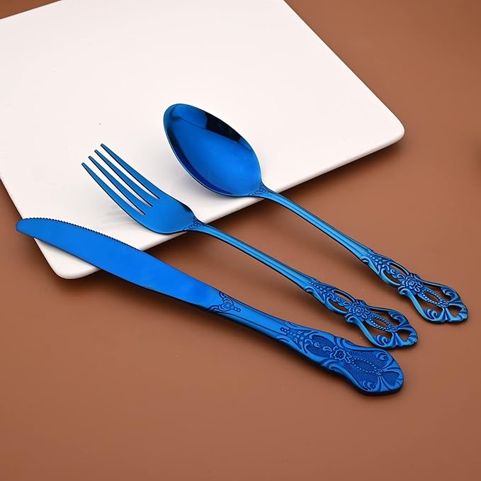 Elegant Blue Silverware Set with Steak Knives 5 Piece Flatware Sets for 1 Utensils, 18/10 Stainless Steel Black Gold Cutlery Set Include Knifes Forks Spoons, Mirror Polished Dishwasher Safe