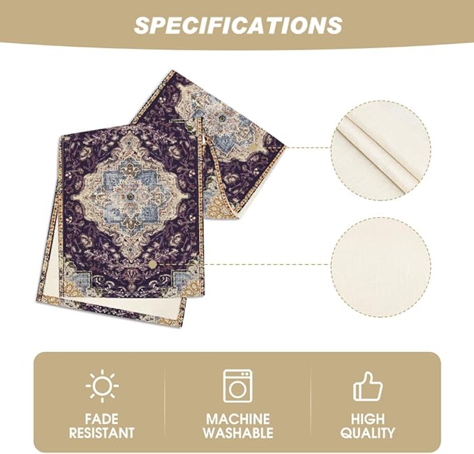 Artoid Mode Boho Bohemia Style Purple Table Runner, Country Rustic Farmhouse Magical Mardi Gras Kitchen Dining Table Decoration for Home Party Decor 13x72 Inch